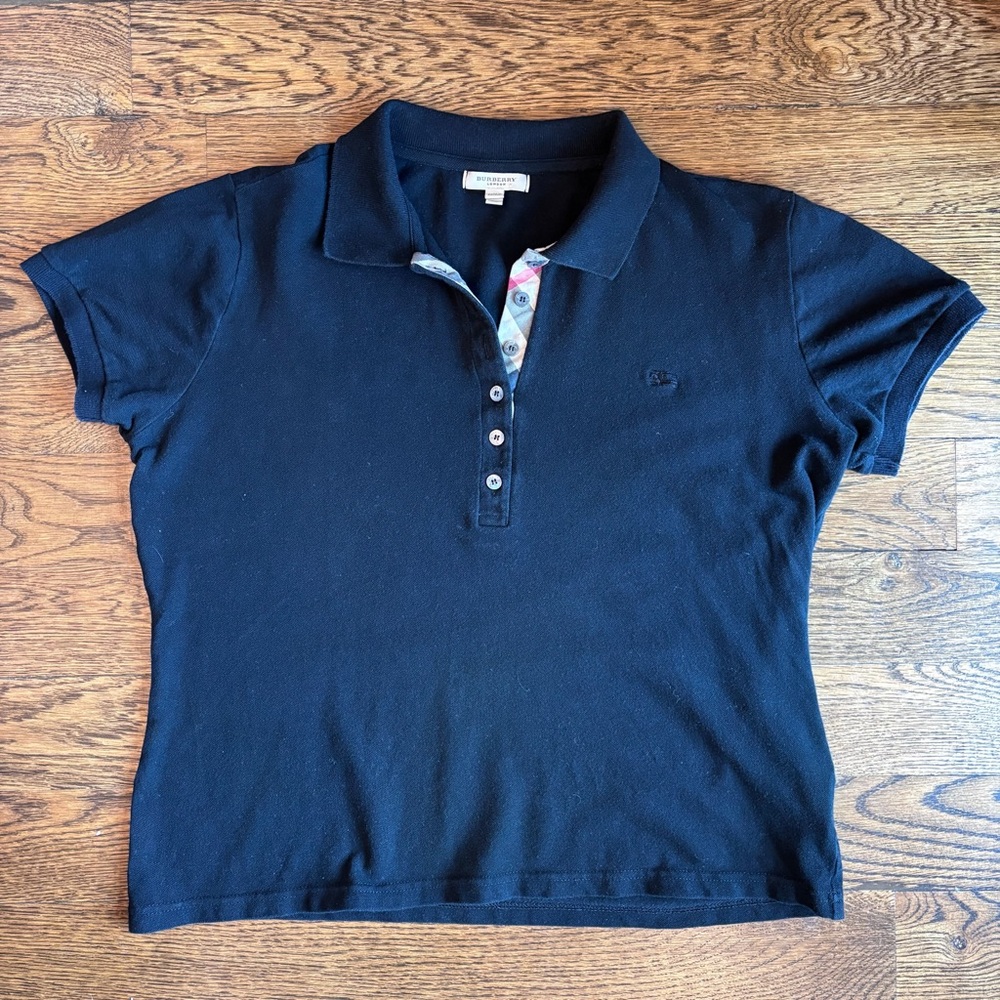 Burberry London Women’s Black Short-Sleeve Polo XL Nova Check Trim - Picture 2 of 7